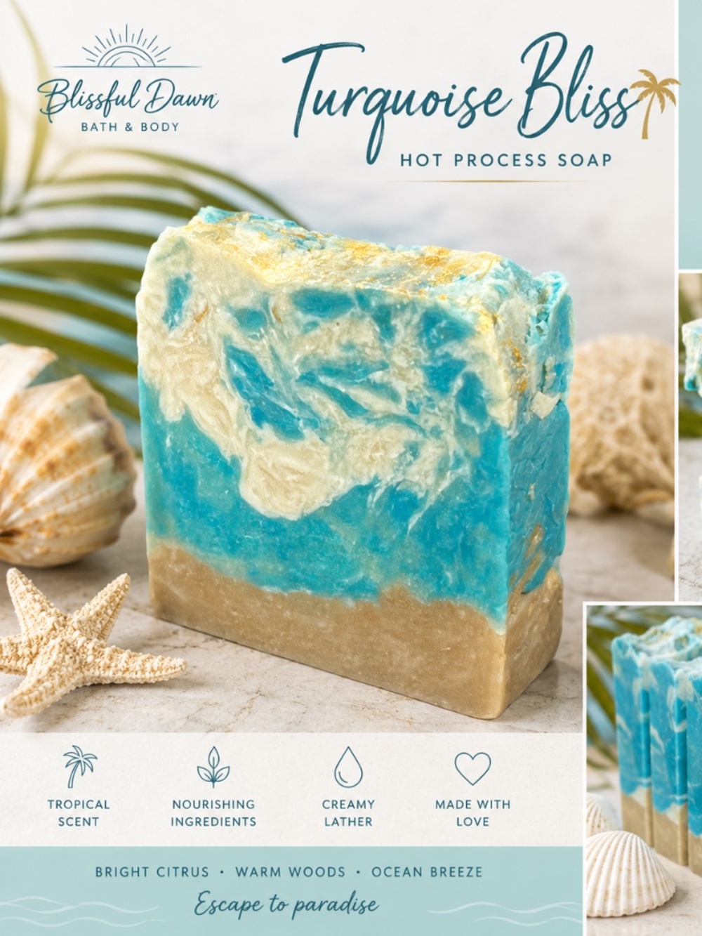 TROPICAL BLISS Handmade Soap 140g, Free Soap Dish w/ purchase of 3 bars